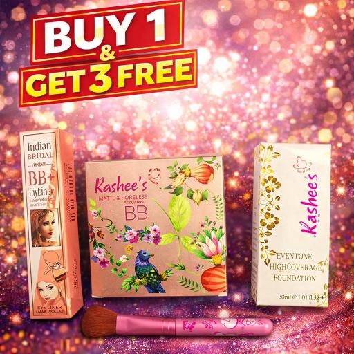 Buy 1 Kashees Foundation Get Free Makup Brus+ BB Porless Poweder+BB Eye Liner